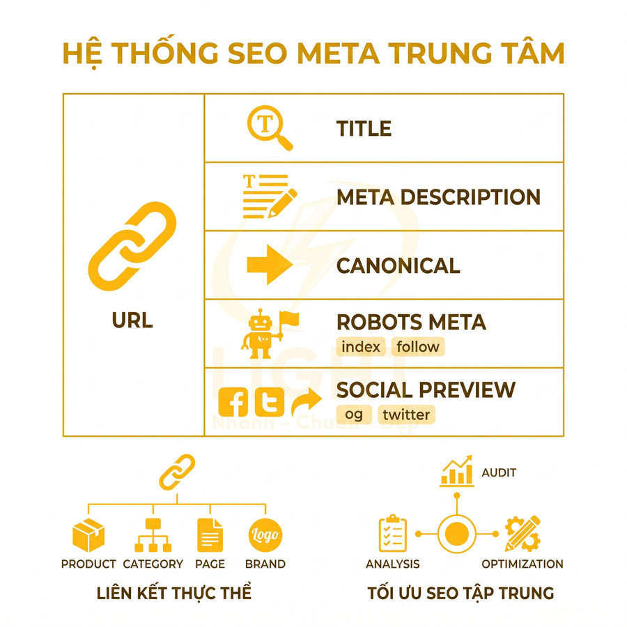 Sơ đồ hệ thống SEO meta trung tâm với các thành phần URL title meta description canonical robots meta social preview