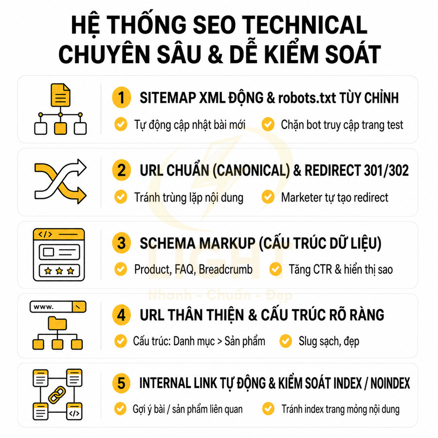 Hệ thống SEO technical chuyên sâu với 5 tính năng tối ưu sitemap, URL, schema, cấu trúc và internal link