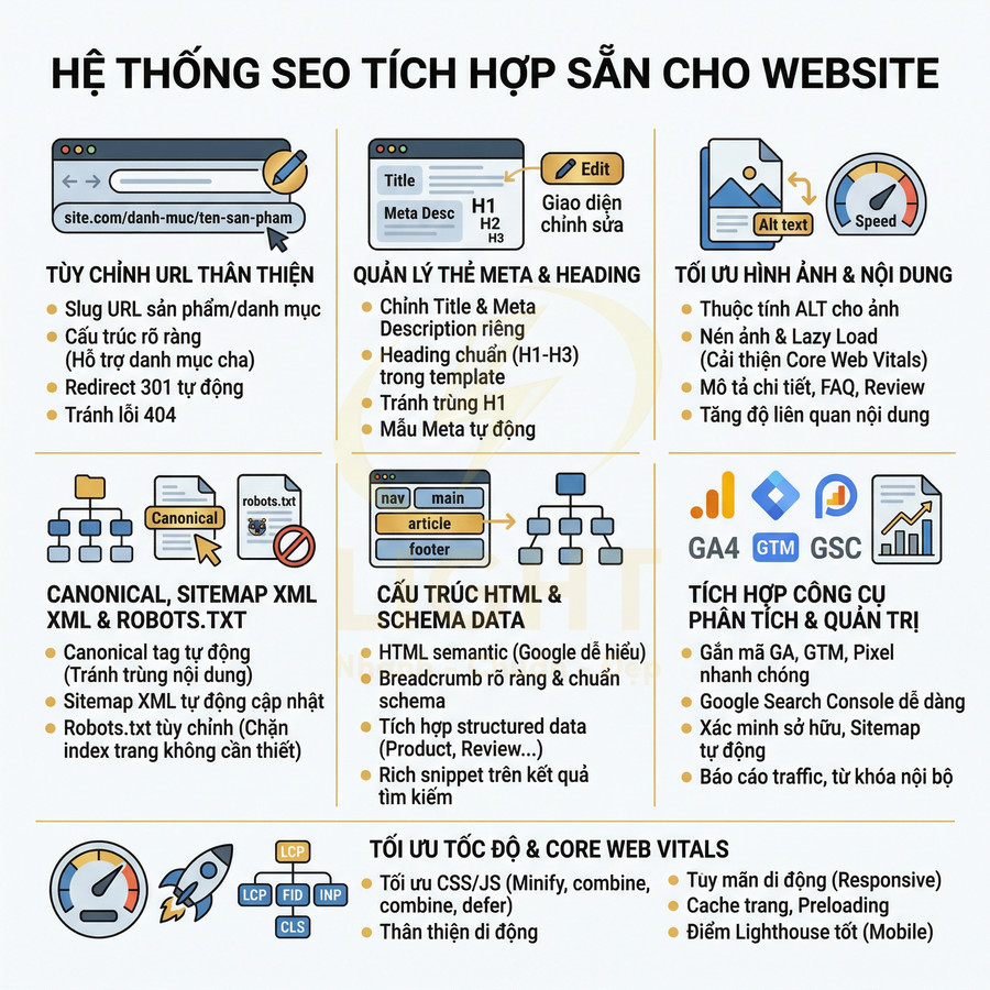 Hệ thống tính năng SEO tích hợp sẵn cho website với tối ưu URL, meta, hình ảnh, schema và tốc độ tải trang