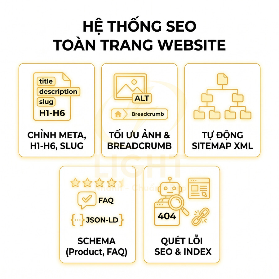 Hệ thống SEO toàn trang website với chỉnh meta, tối ưu ảnh, sitemap, schema và quét lỗi SEO