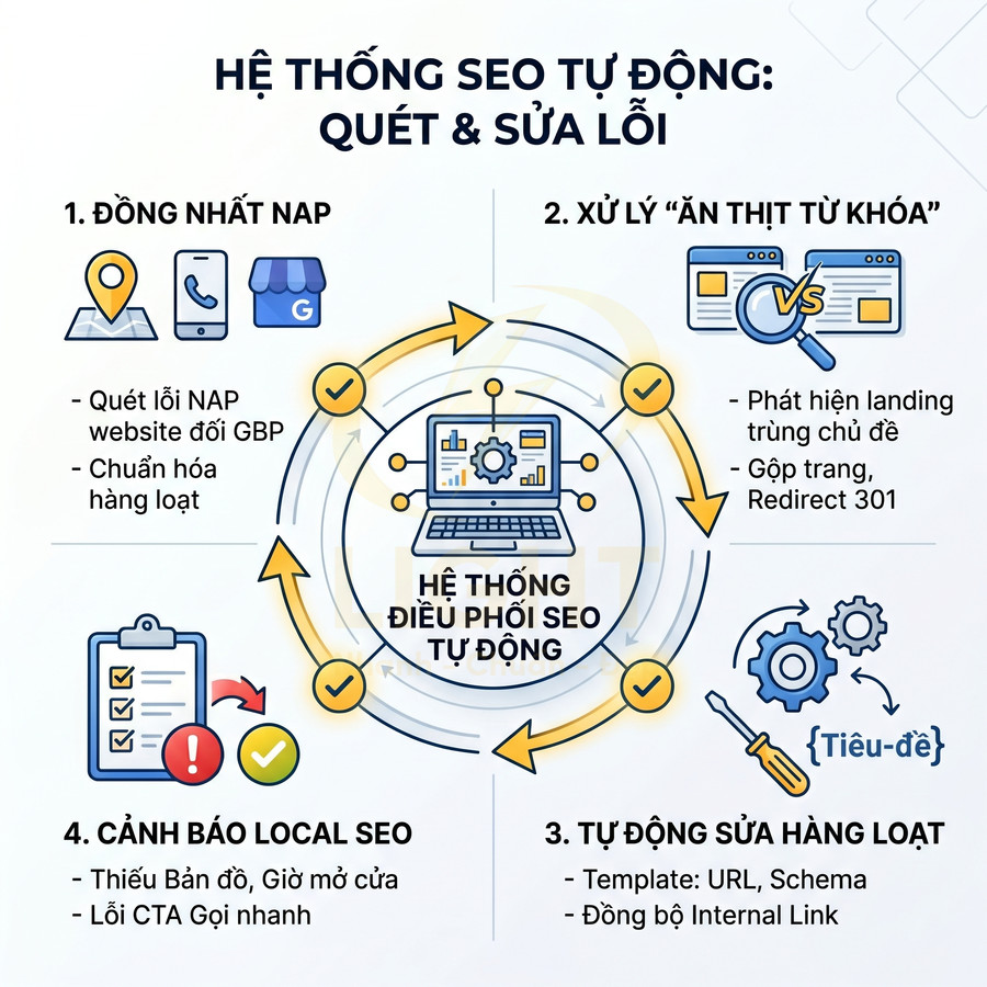 Mô tả hệ thống SEO tự động quét và sửa lỗi NAP, local SEO, xử lý ăn thịt từ khóa, tối ưu landing page