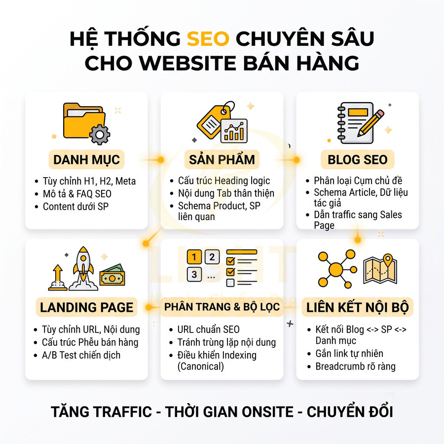 Hệ thống SEO chuyên sâu cho website bán hàng với danh mục sản phẩm, blog, landing page và liên kết nội bộ