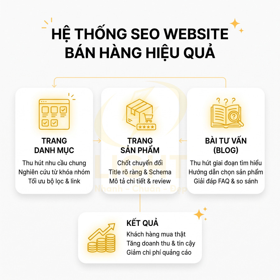 Sơ đồ hệ thống SEO website bán hàng với trang danh mục trang sản phẩm blog tư vấn và kết quả tăng doanh thu