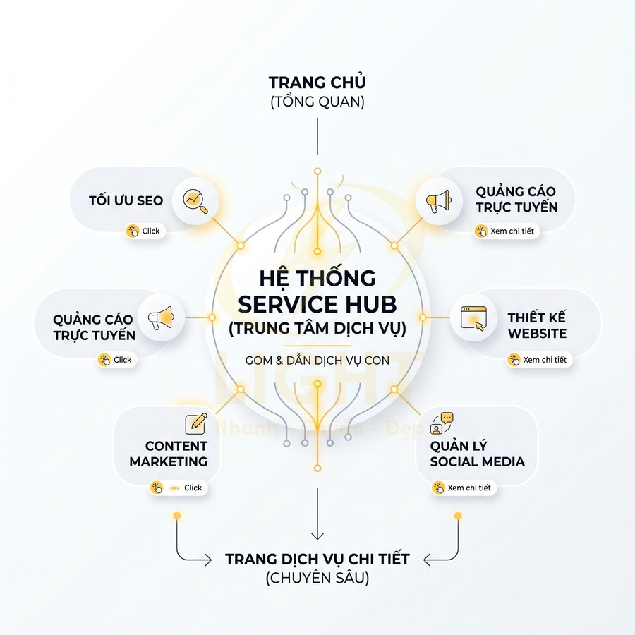 Sơ đồ hệ thống Service Hub trung tâm dịch vụ marketing gồm SEO quảng cáo online content website social media