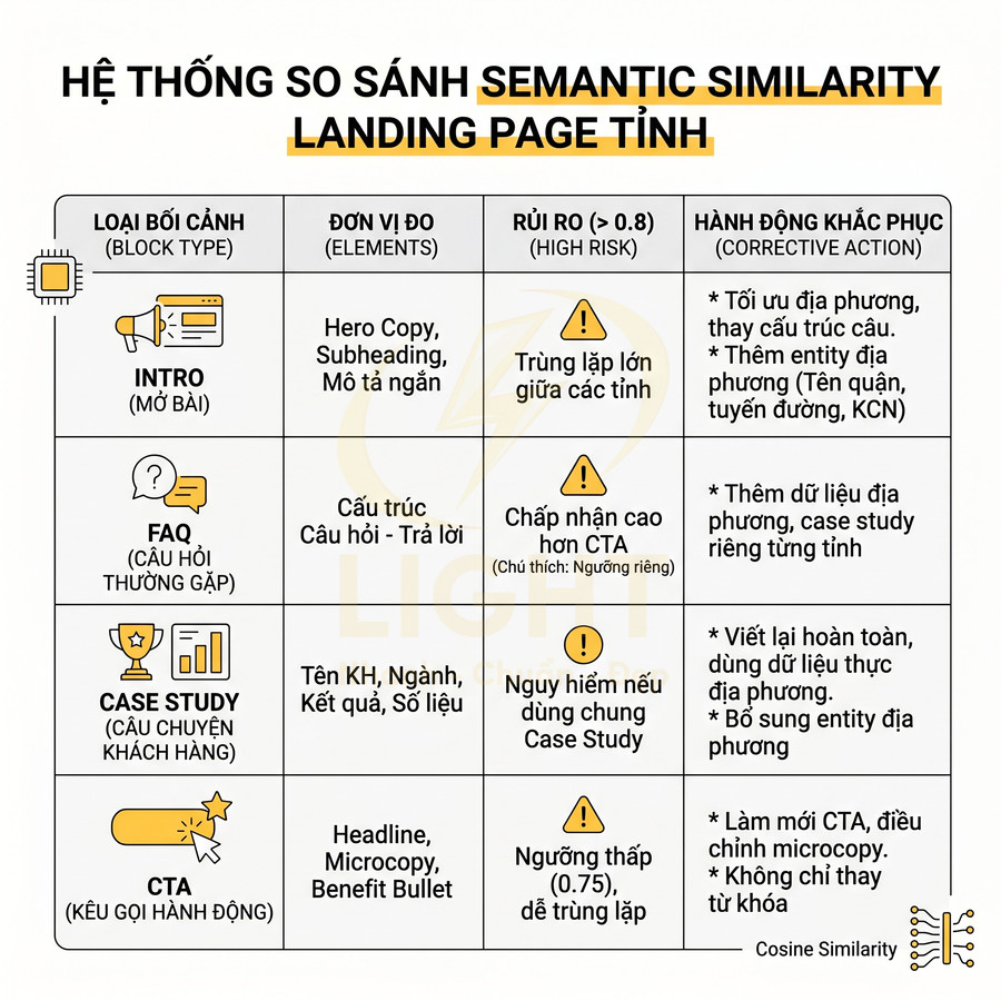 Bảng so sánh semantic similarity cho các block nội dung landing page tĩnh và hành động khắc phục rủi ro trùng lặp