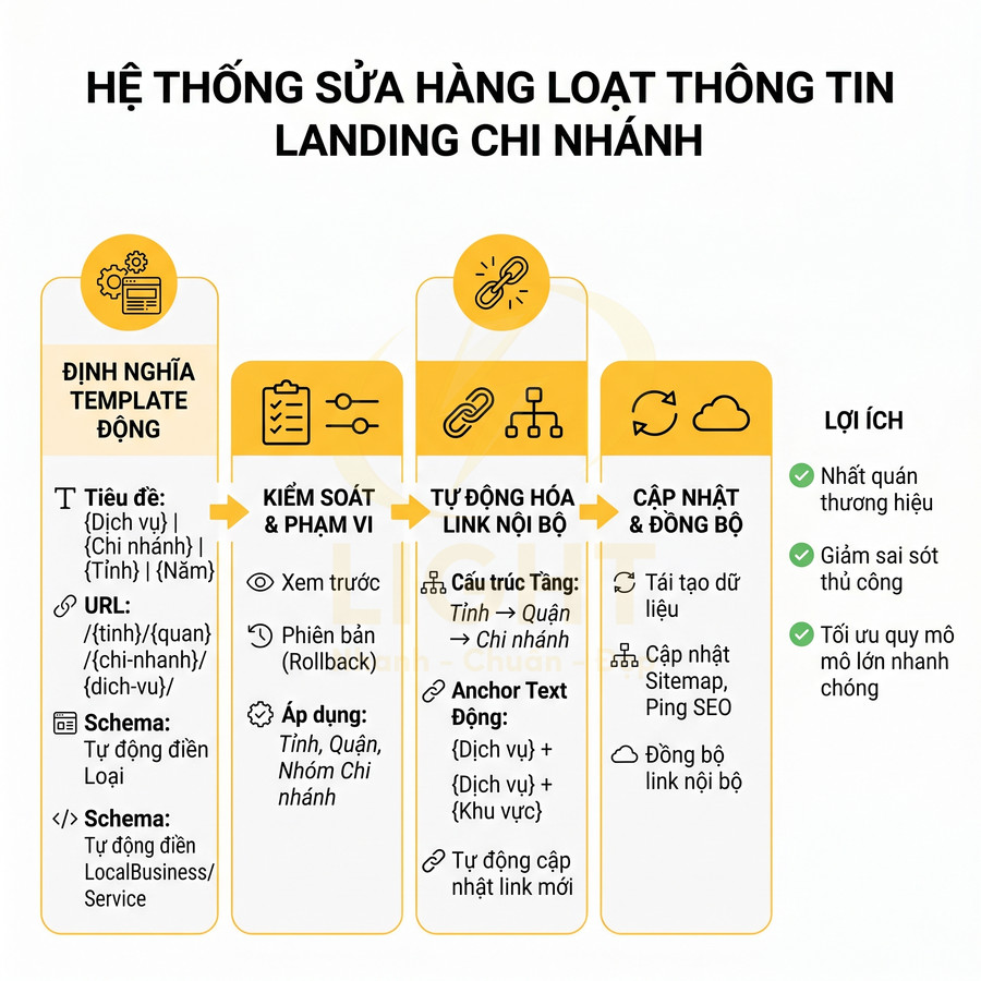 Hệ thống tự động sửa hàng loạt thông tin landing chi nhánh và tối ưu link nội bộ cho SEO doanh nghiệp