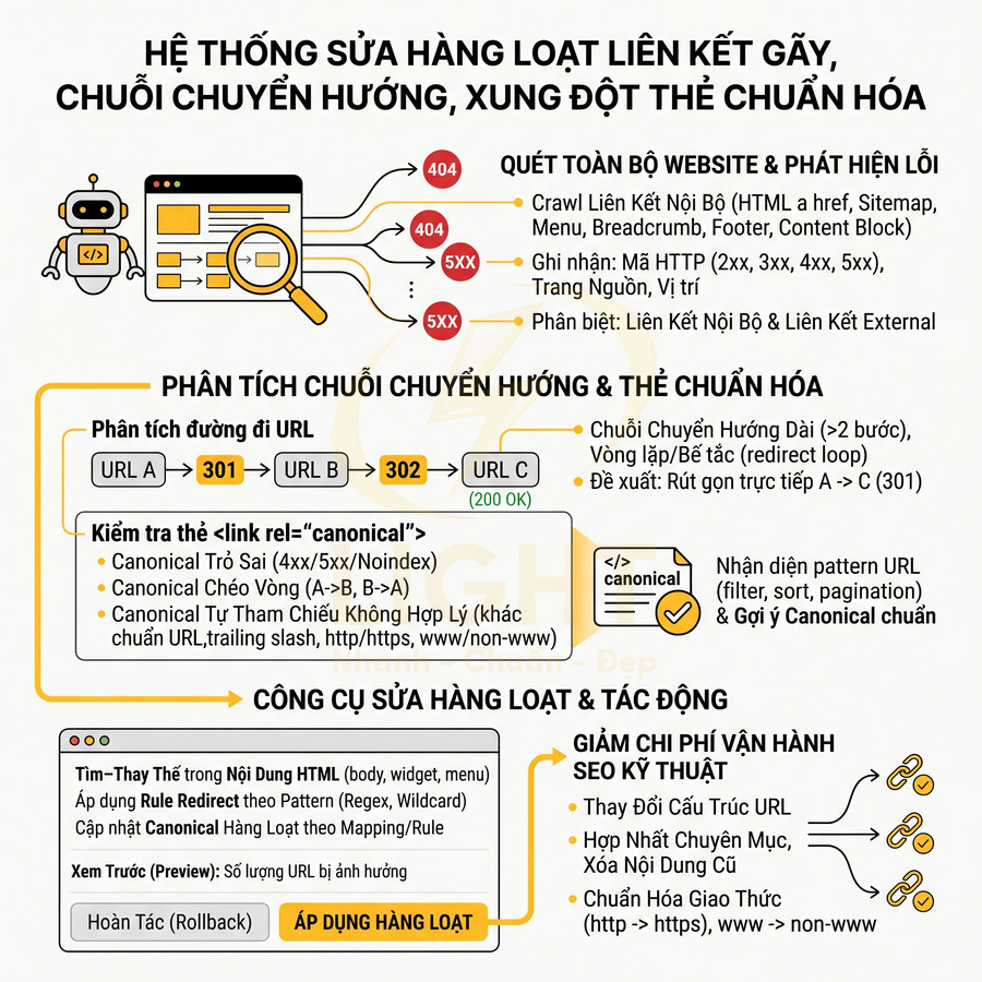 Infographic hệ thống sửa hàng loạt liên kết gãy, chuỗi chuyển hướng và xung đột thẻ canonical cho SEO website
