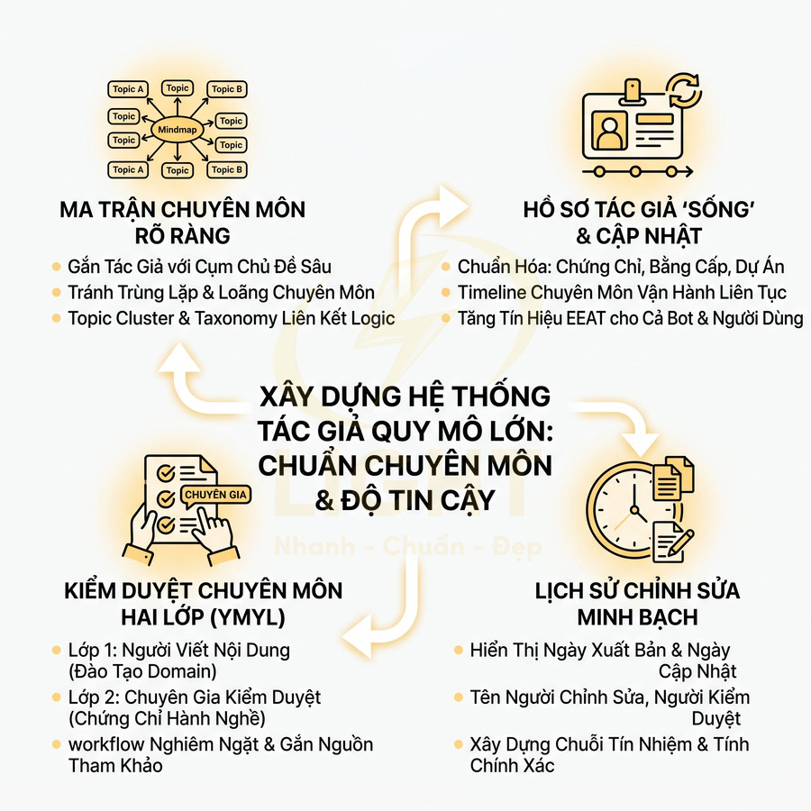 Mô hình xây dựng hệ thống tác giả chuẩn chuyên môn và độ tin cậy với ma trận chuyên môn, hồ sơ tác giả, kiểm duyệt và lịch sử chỉnh sửa