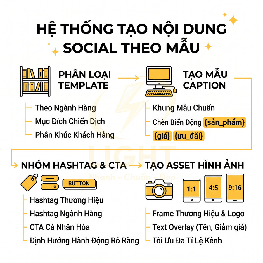 Hệ thống tạo nội dung social theo mẫu với phân loại template, nhóm hashtag, CTA và tạo asset hình ảnh đa tỷ lệ