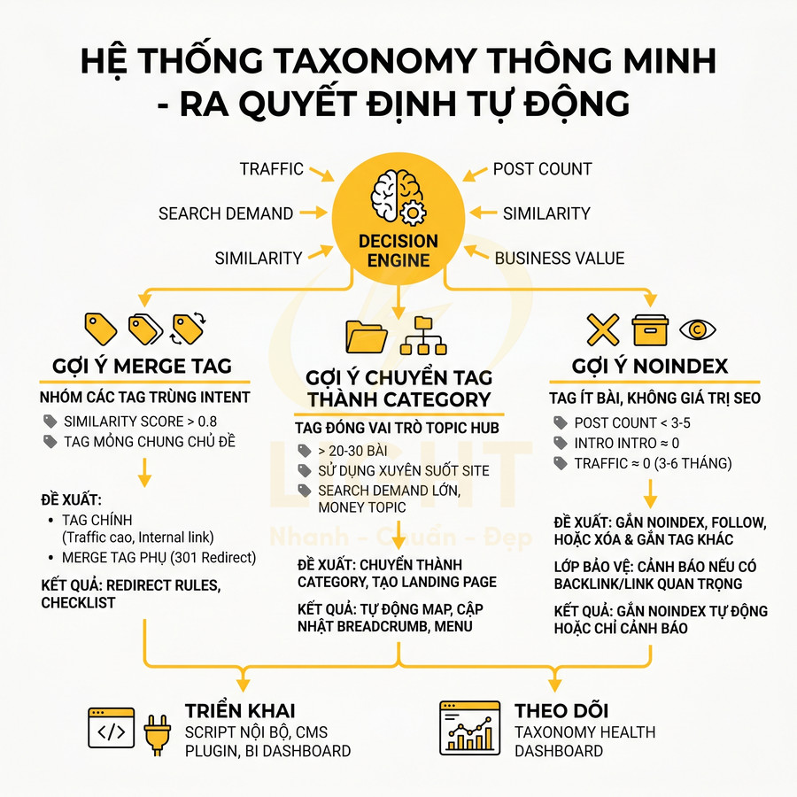 Sơ đồ hệ thống taxonomy thông minh tự động quyết định merge tag, chuyển tag thành category và gợi ý noindex