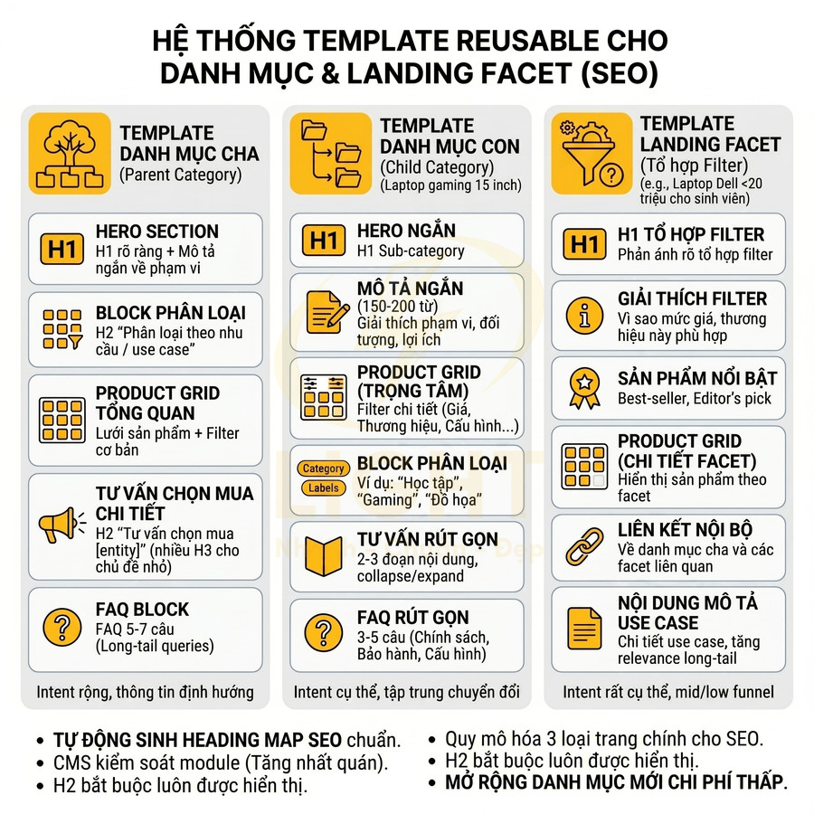 Hệ thống template reusable cho danh mục và landing facet SEO với các block nội dung tối ưu chuyển đổi
