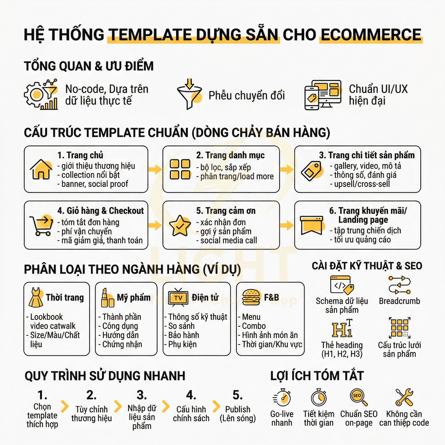 Hệ thống template dựng sẵn cho ecommerce với cấu trúc trang bán hàng, phân loại ngành hàng và cài đặt kỹ thuật SEO