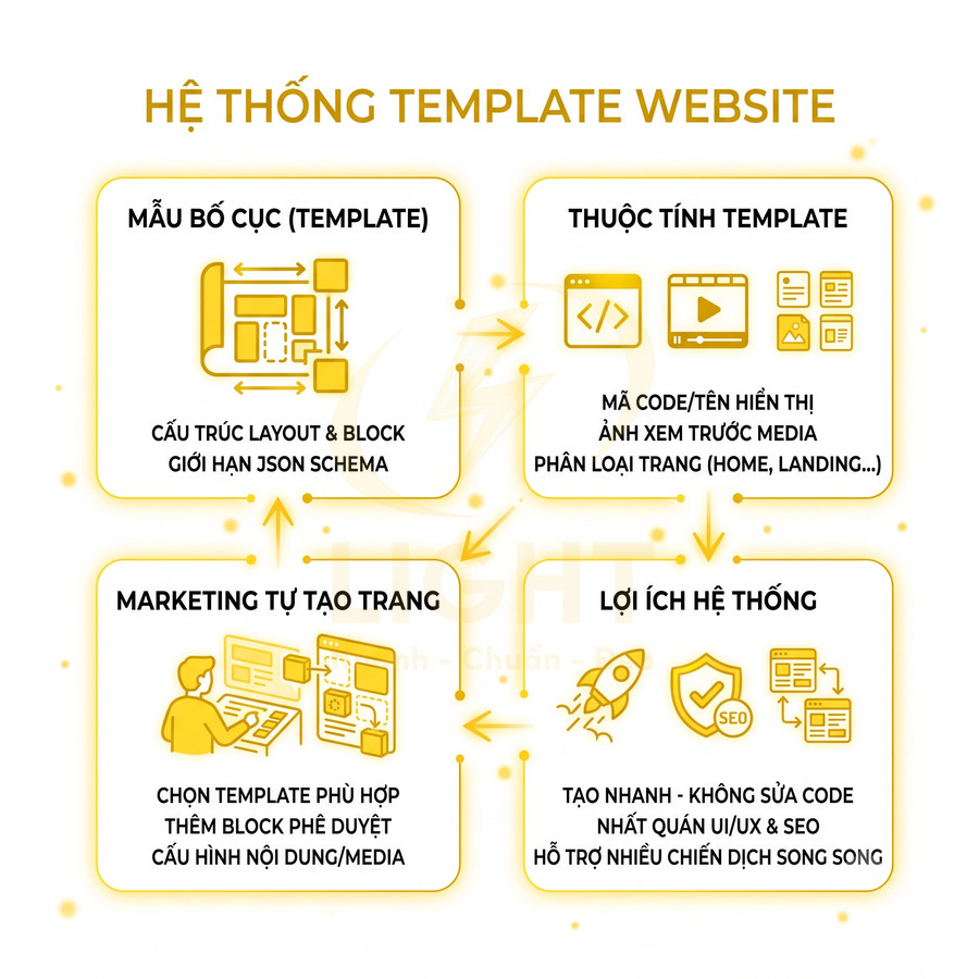 Sơ đồ hệ thống template website với các bước tạo trang, thuộc tính template và lợi ích tối ưu SEO
