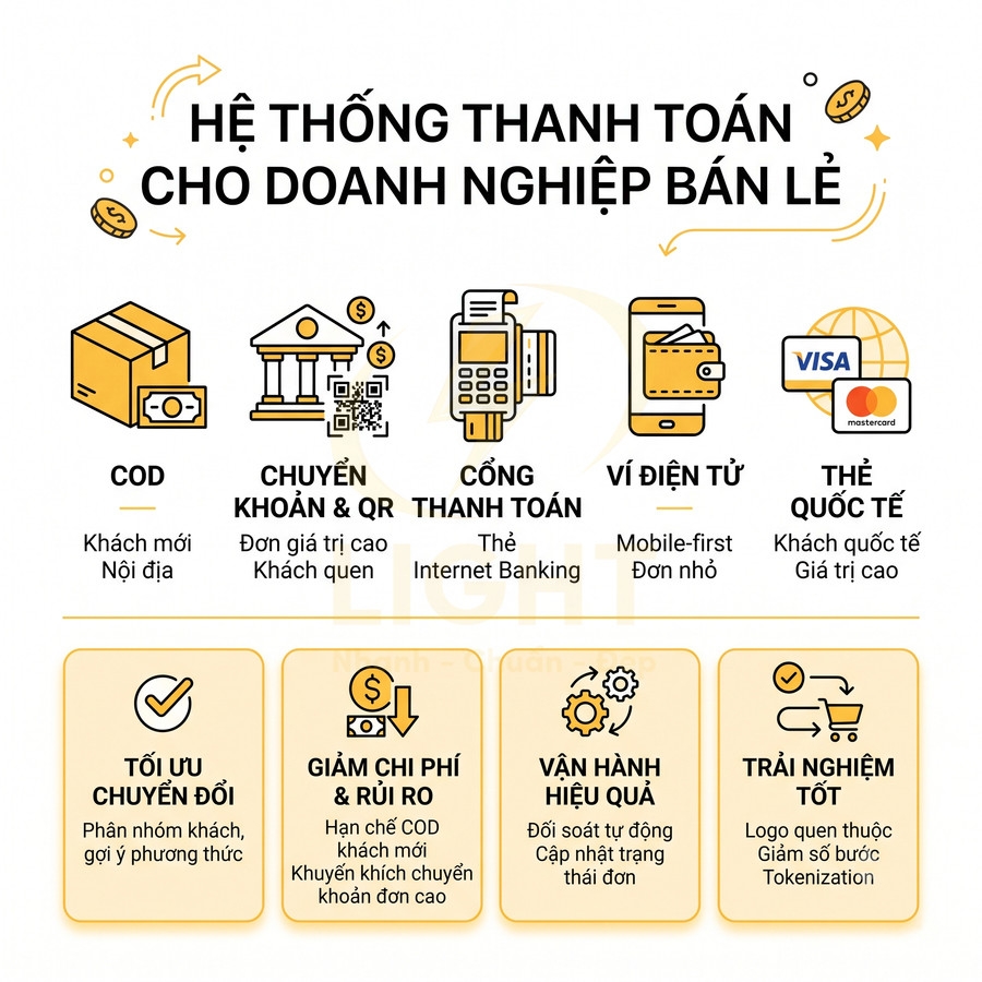 Hệ thống thanh toán cho doanh nghiệp bán lẻ với COD, chuyển khoản QR, cổng thanh toán, ví điện tử và thẻ Visa Mastercard