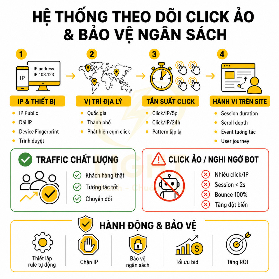 Infographic hệ thống theo dõi click ảo, phân loại traffic chất lượng và click nghi ngờ bot để bảo vệ ngân sách quảng cáo