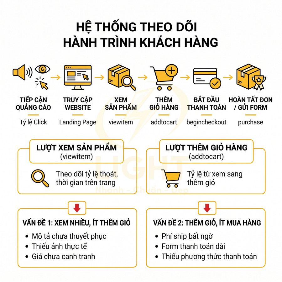 Sơ đồ hệ thống theo dõi hành trình khách hàng từ tiếp cận quảng cáo đến hoàn tất đơn hàng online
