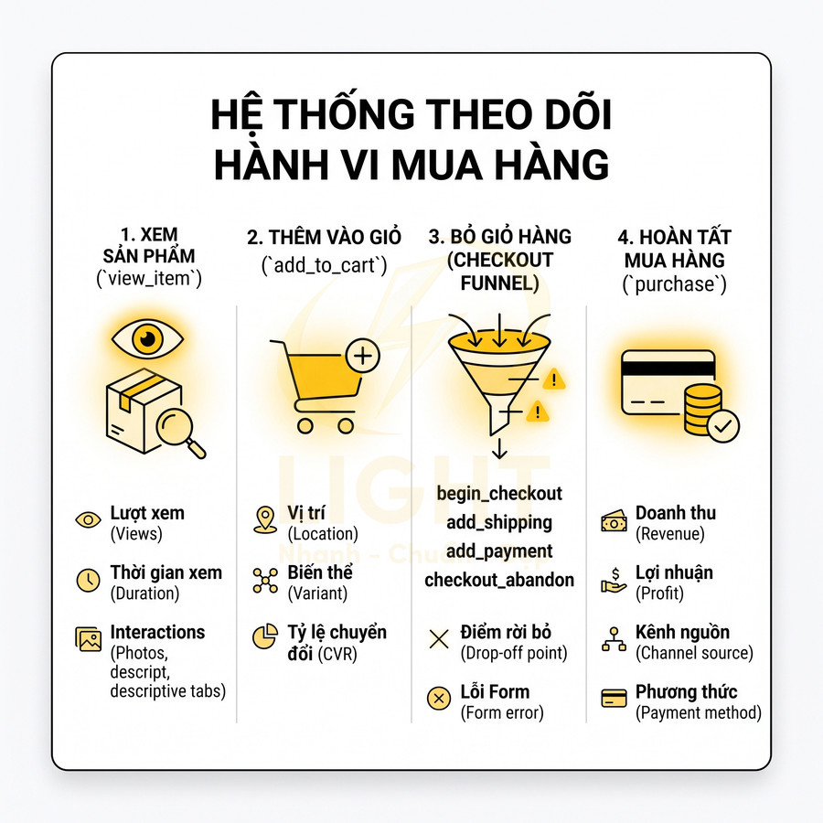 Sơ đồ hệ thống theo dõi hành vi mua hàng từ xem sản phẩm, thêm vào giỏ, bỏ giỏ đến hoàn tất thanh toán