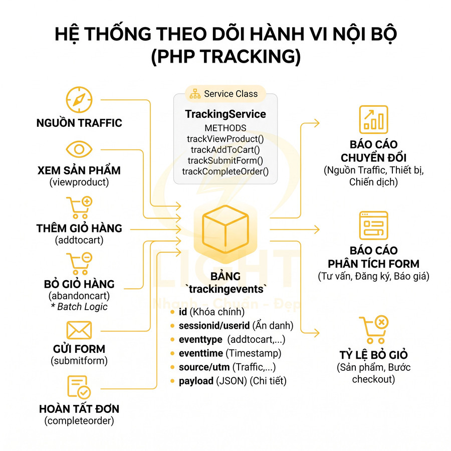 Sơ đồ hệ thống PHP tracking theo dõi hành vi người dùng từ nguồn traffic đến hoàn tất đơn và tạo báo cáo chuyển đổi