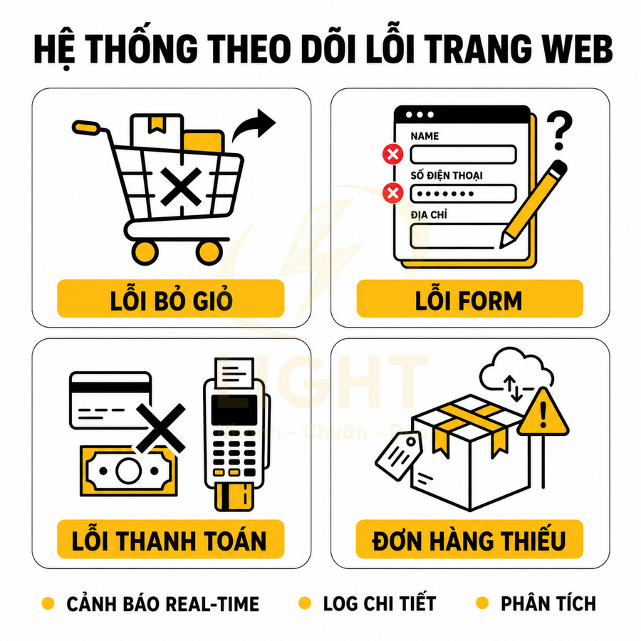 Hệ thống theo dõi lỗi trang web cho thương mại điện tử gồm lỗi bỏ giỏ, lỗi form, lỗi thanh toán, đơn hàng thiếu