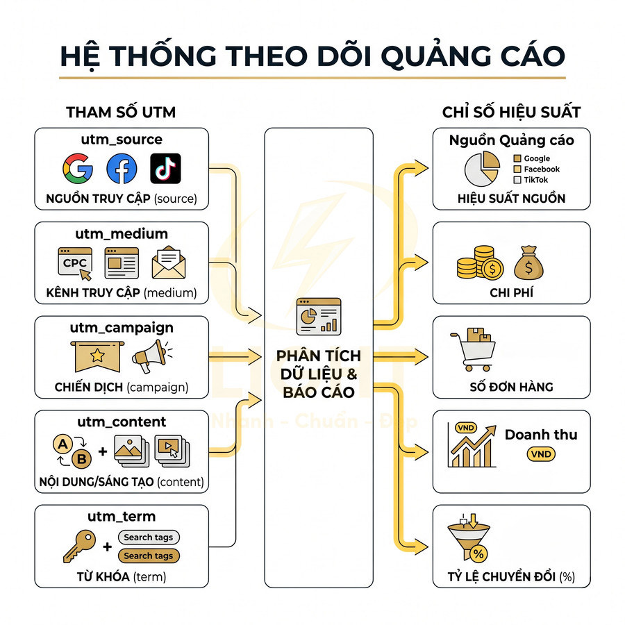 Sơ đồ hệ thống theo dõi quảng cáo bằng tham số UTM và các chỉ số hiệu suất chiến dịch marketing