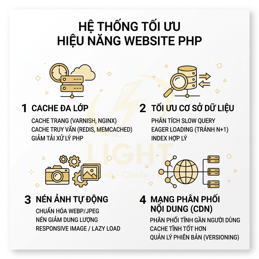 Hệ thống tối ưu hiệu năng website PHP với cache đa lớp, tối ưu cơ sở dữ liệu, nén ảnh tự động và CDN