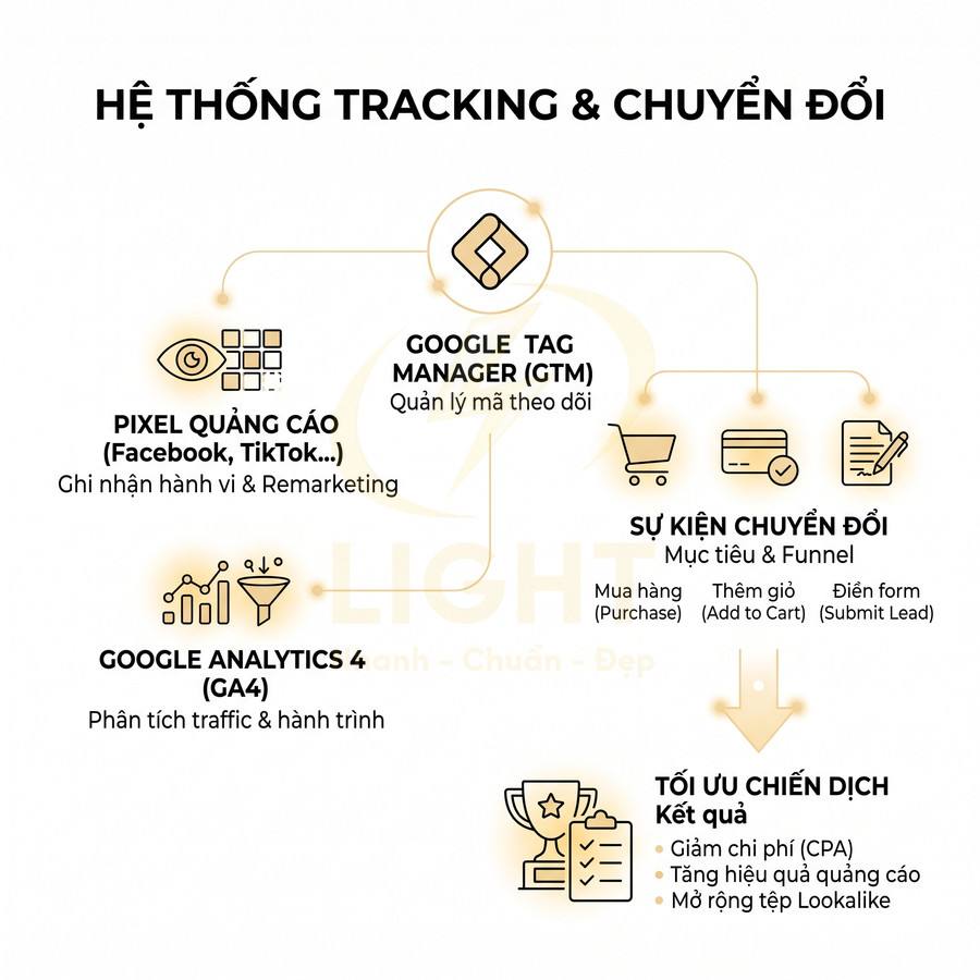 Sơ đồ hệ thống tracking chuyển đổi với Google Tag Manager, Pixel quảng cáo, Google Analytics 4 và tối ưu chiến dịch marketing