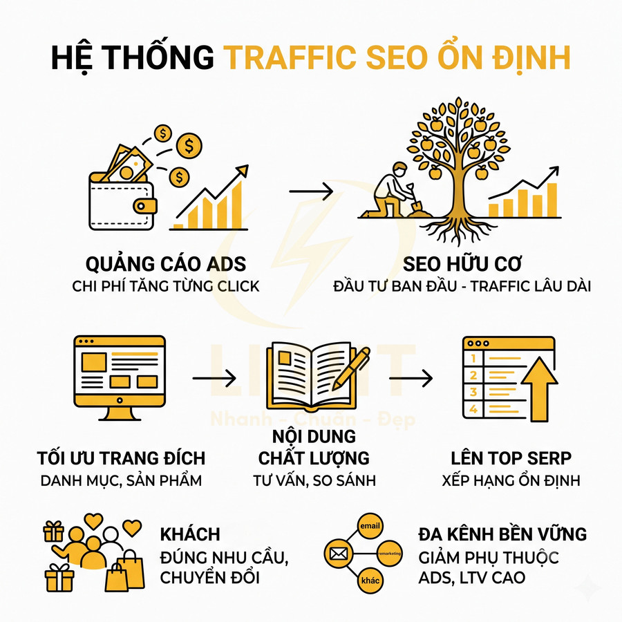Mô hình hệ thống traffic SEO ổn định với quảng cáo ads, SEO hữu cơ, tối ưu trang đích và nội dung chất lượng