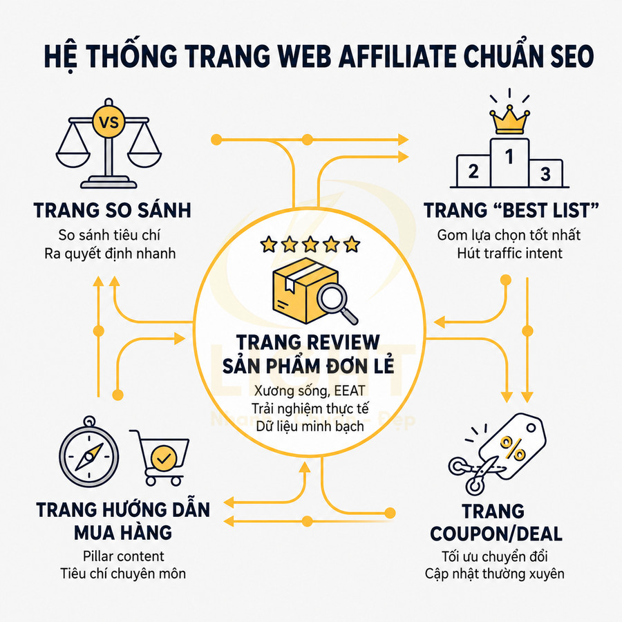 Sơ đồ hệ thống trang web affiliate chuẩn SEO với trang review sản phẩm, so sánh, best list, hướng dẫn mua hàng và coupon