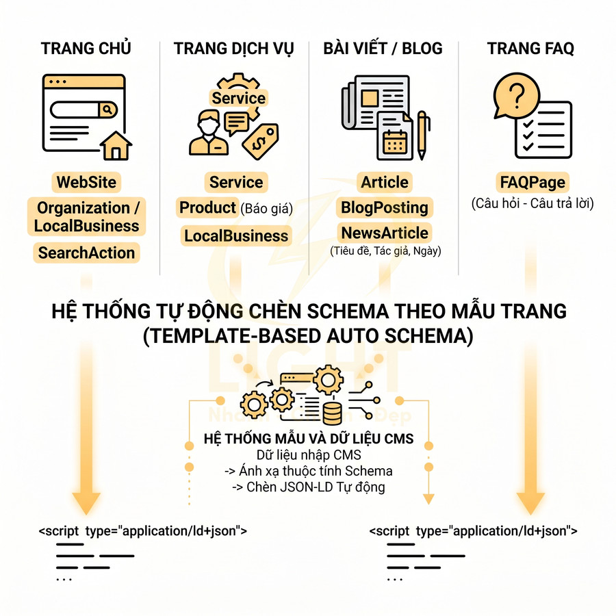 Sơ đồ hệ thống tự động chèn schema JSON LD cho trang chủ, dịch vụ, bài viết blog và trang FAQ trên website