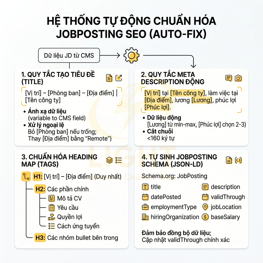 Sơ đồ hệ thống tự động chuẩn hóa JobPosting SEO với quy tắc tạo title, meta description, heading và schema JSON-LD