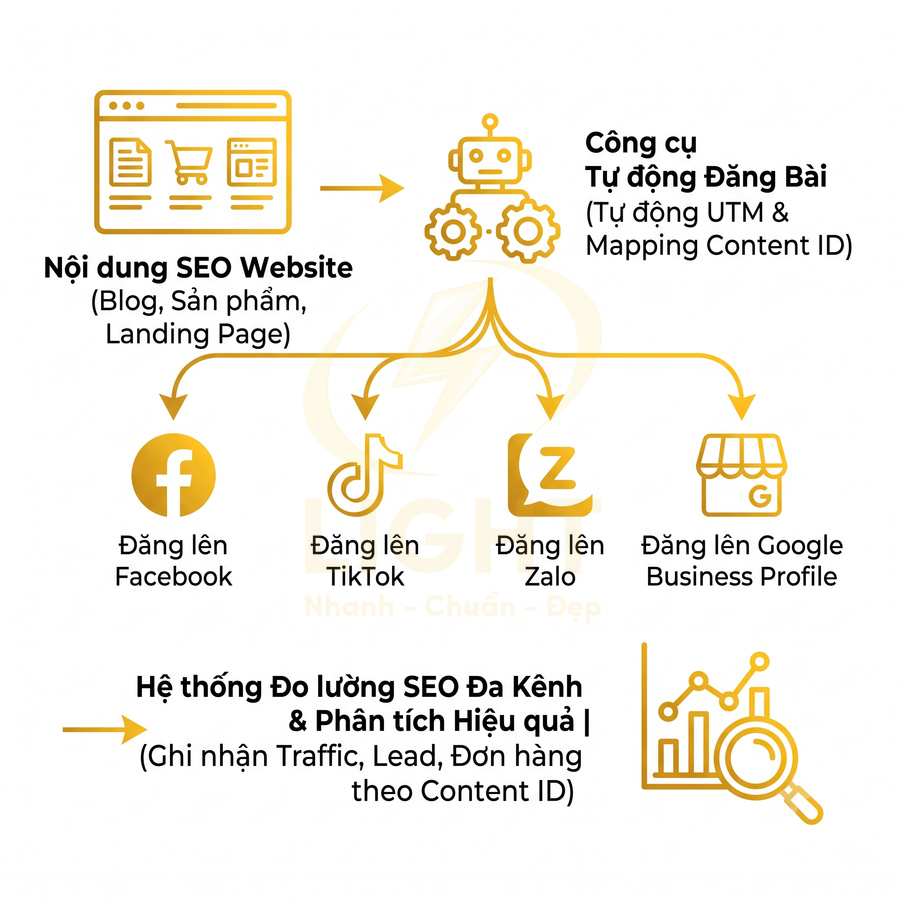 Sơ đồ công cụ tự động đăng nội dung SEO website lên Facebook TikTok Zalo Google Business và đo lường hiệu quả đa kênh