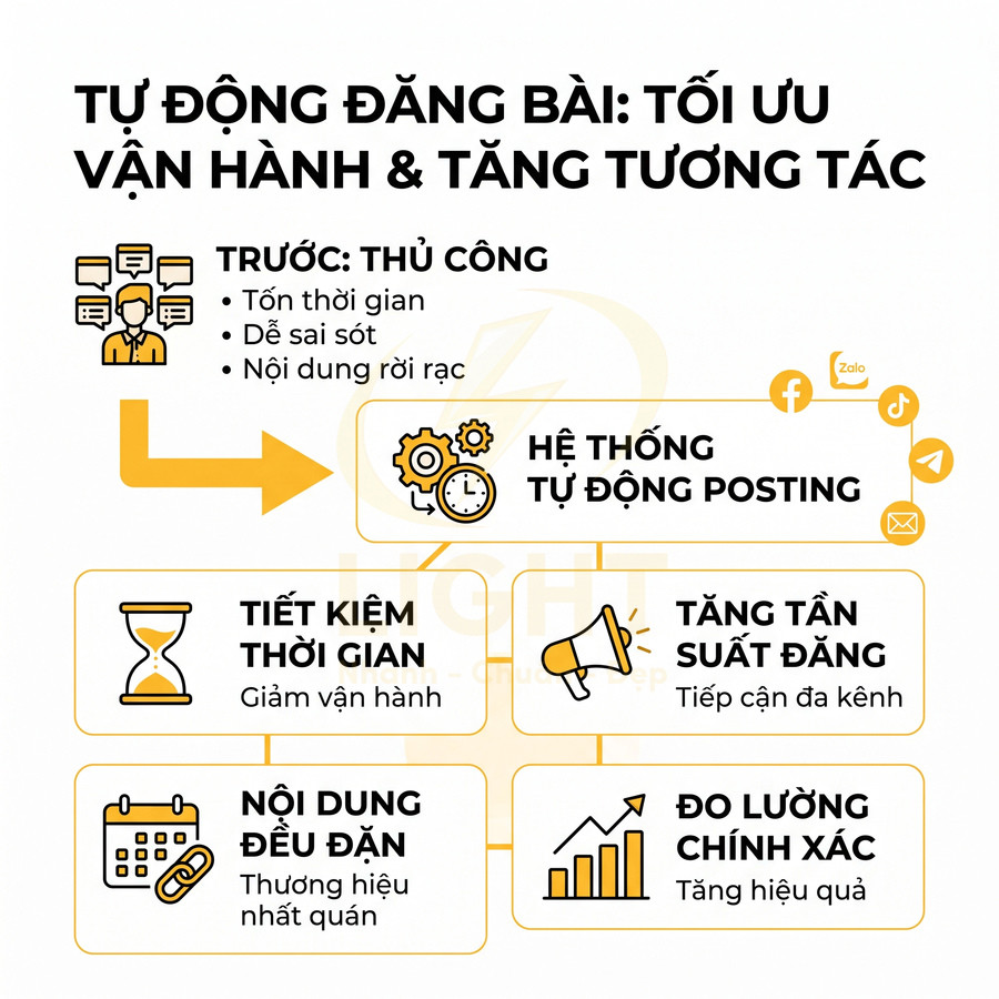 Infographic hệ thống tự động đăng bài giúp tiết kiệm thời gian, tăng tần suất, nội dung đều đặn và đo lường chính xác