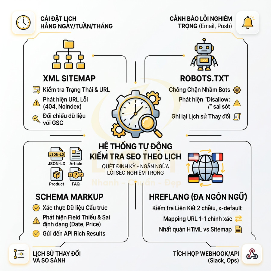 Hệ thống tự động kiểm tra SEO theo lịch với XML sitemap, robots.txt, schema markup và hreflang đa ngôn ngữ