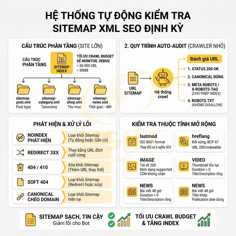 Hệ thống tự động kiểm tra sitemap XML định kỳ giúp tối ưu crawl budget và tăng index SEO