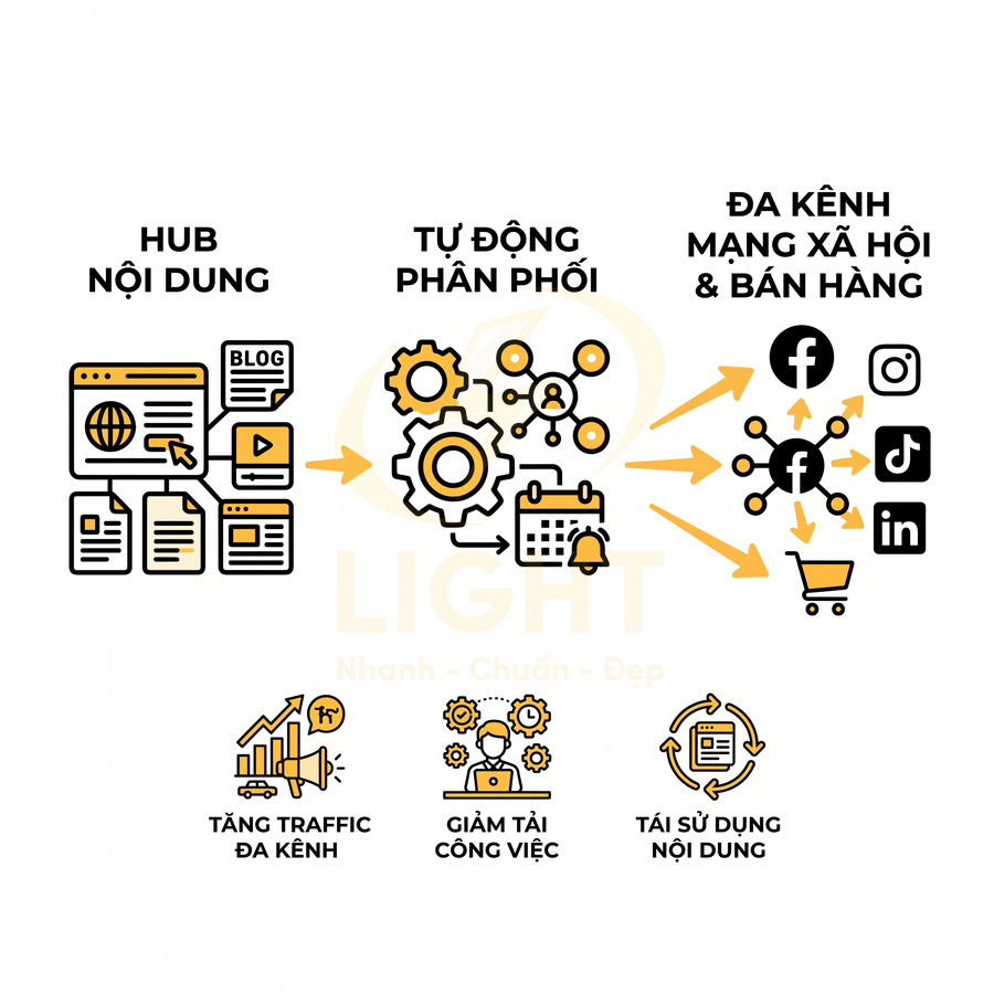 Mô hình tự động phân phối nội dung từ hub sang đa kênh mạng xã hội và bán hàng, tăng traffic và tối ưu công việc