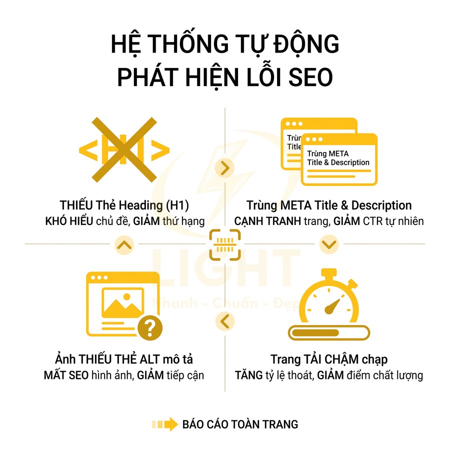 Hệ thống tự động phát hiện lỗi SEO: thiếu H1, trùng meta, thiếu thẻ alt, trang tải chậm