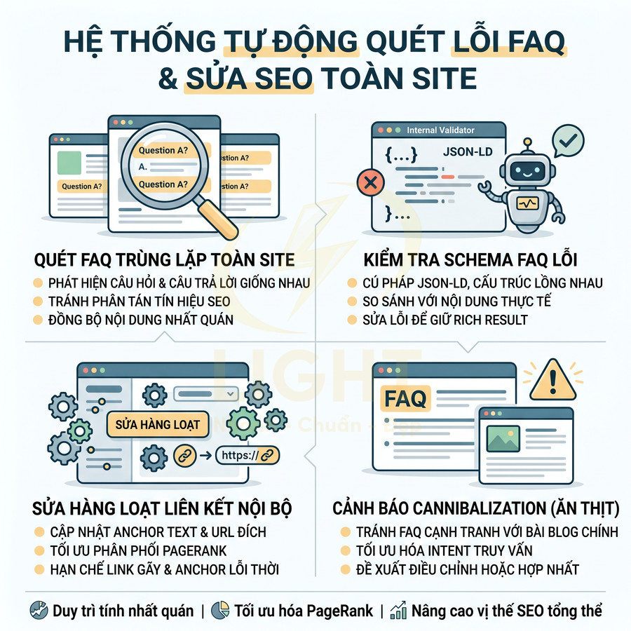 Hệ thống tự động quét lỗi FAQ và sửa SEO toàn site, kiểm tra schema, liên kết nội bộ và cảnh báo cannibalization