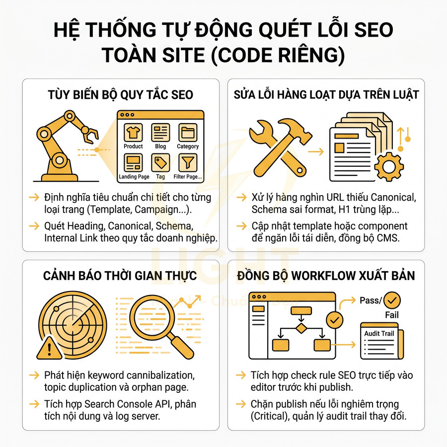 Hệ thống tự động quét lỗi SEO toàn site, tùy biến quy tắc, sửa lỗi hàng loạt và cảnh báo thời gian thực