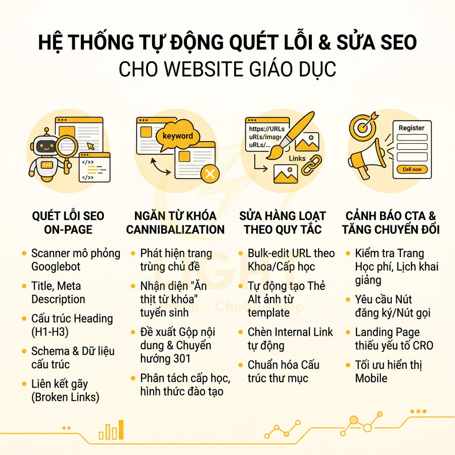 Hệ thống tự động quét lỗi và sửa SEO cho website giáo dục với các tính năng onpage, từ khóa, CTA và chuyển đổi