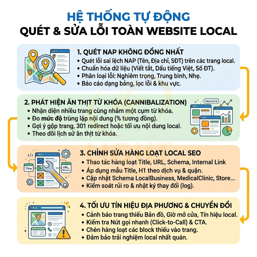 Hệ thống tự động quét và sửa lỗi SEO local cho website, tối ưu NAP, từ khóa, onpage và tín hiệu địa phương