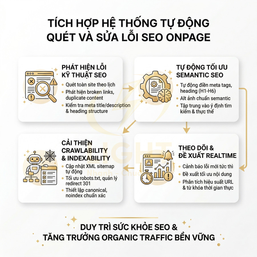 Mô tả hệ thống tự động quét và sửa lỗi SEO onpage, tối ưu kỹ thuật, semantic, crawlability và theo dõi realtime