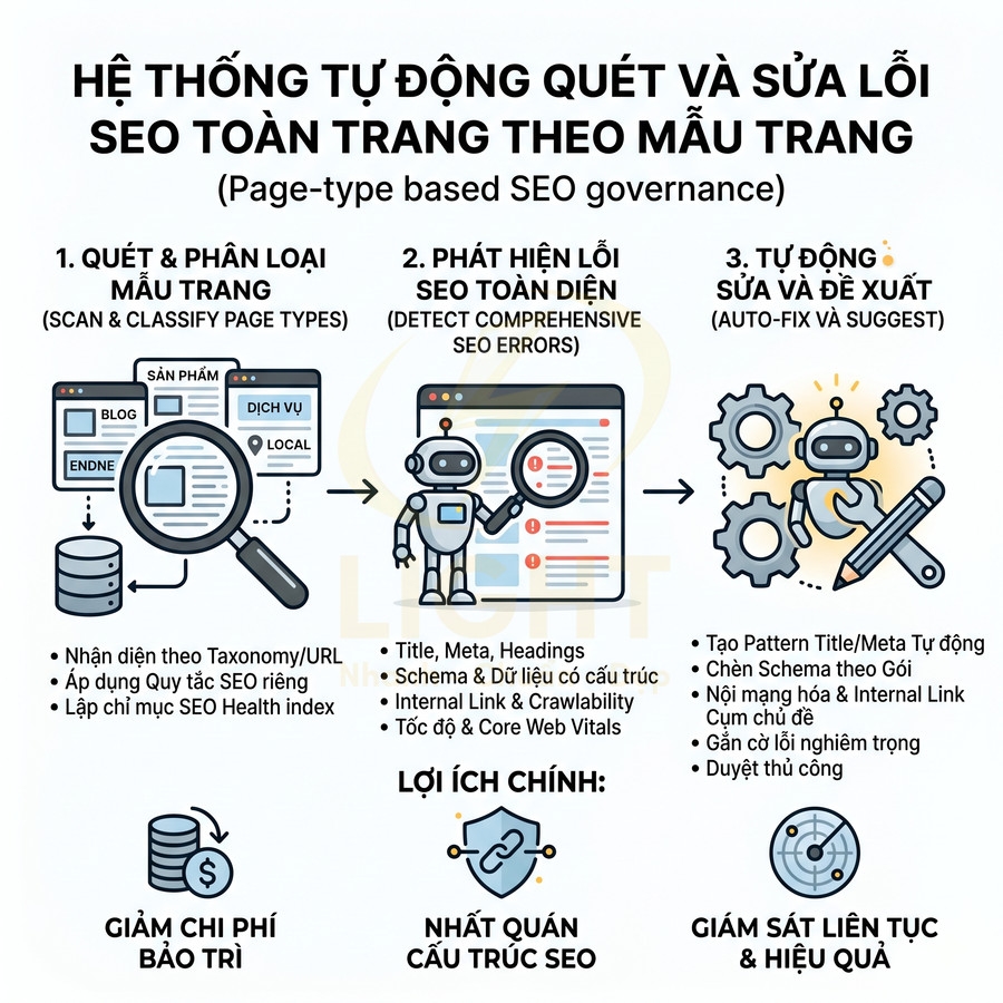 Hệ thống tự động quét phát hiện và sửa lỗi SEO toàn trang theo mẫu trang với robot và biểu đồ minh họa