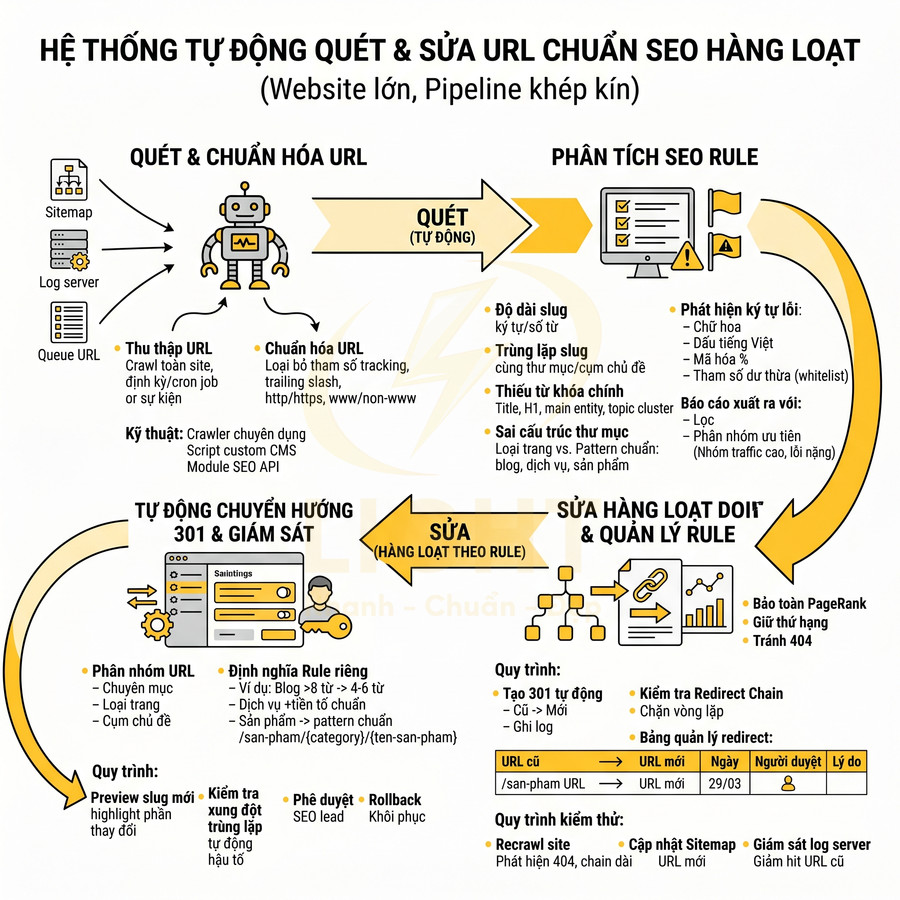 Sơ đồ hệ thống tự động quét và sửa URL chuẩn SEO hàng loạt cho website lớn, tối ưu redirect 301 và quản lý rule URL