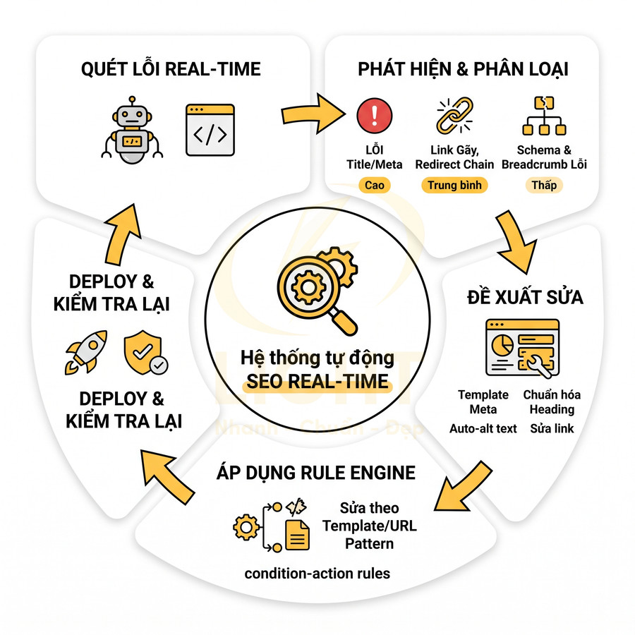 Sơ đồ quy trình hệ thống tự động SEO real time với các bước quét lỗi, phân loại, đề xuất sửa và deploy
