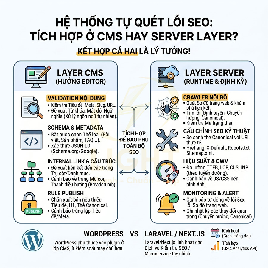 Infographic hệ thống tự quét lỗi SEO tích hợp CMS và server layer, so sánh WordPress với Laravel NextJS