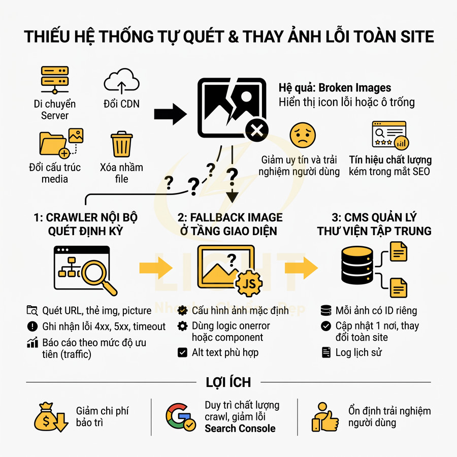Mô tả giải pháp crawler nội bộ và fallback image để tự động phát hiện, thay thế ảnh lỗi broken images trên website