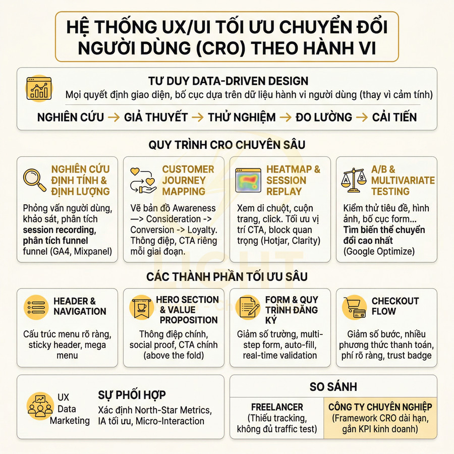 Infographic hệ thống UX UI tối ưu chuyển đổi người dùng CRO theo hành vi và các bước quy trình tối ưu sâu
