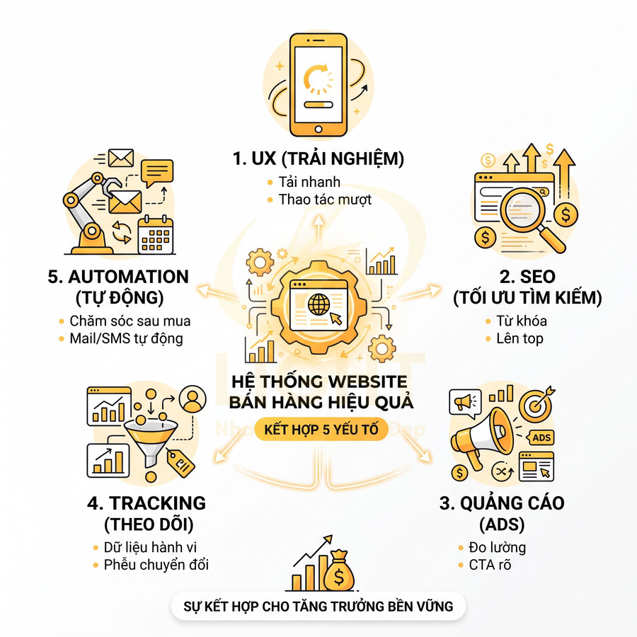 Infographic hệ thống website bán hàng hiệu quả với 5 yếu tố UX, SEO, quảng cáo, tracking và automation