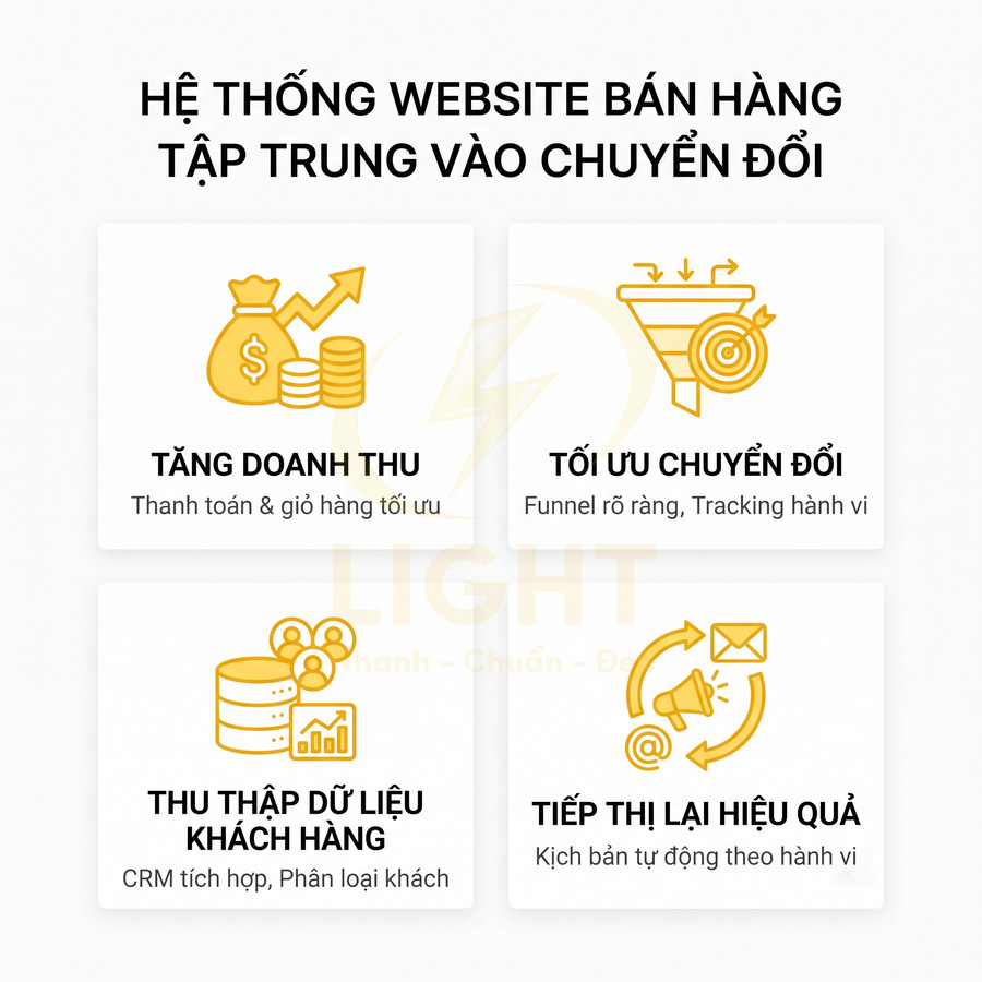 Hệ thống website bán hàng tập trung chuyển đổi với tính năng tăng doanh thu, tối ưu chuyển đổi, thu thập dữ liệu, tiếp thị lại