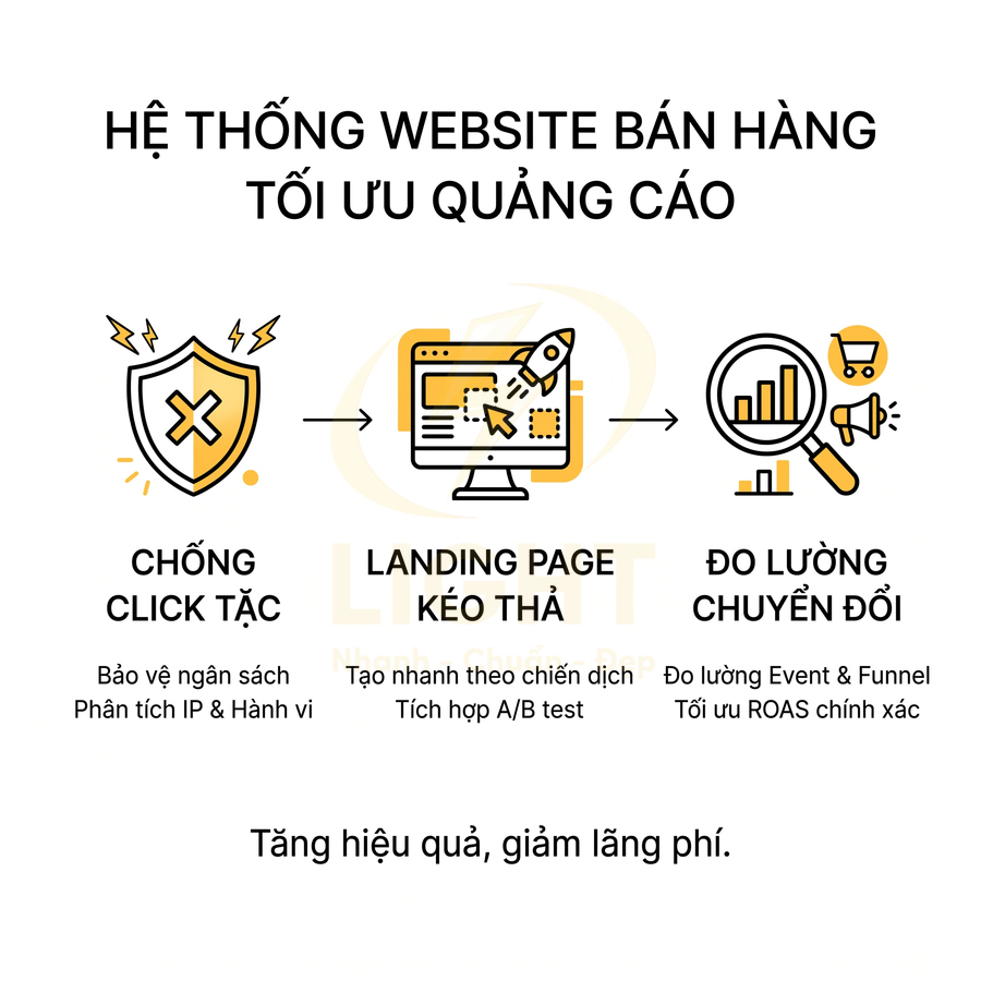 Hệ thống website bán hàng tối ưu quảng cáo với chống click tặc landing page kéo thả và đo lường chuyển đổi